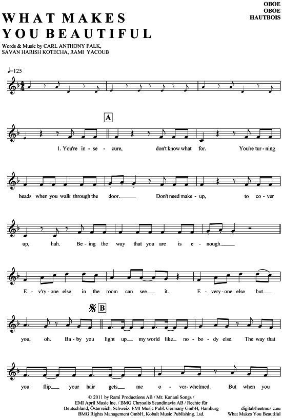 Product gallery: Page 1 of 4 What makes you beautiful , One Direction, (Oboe)