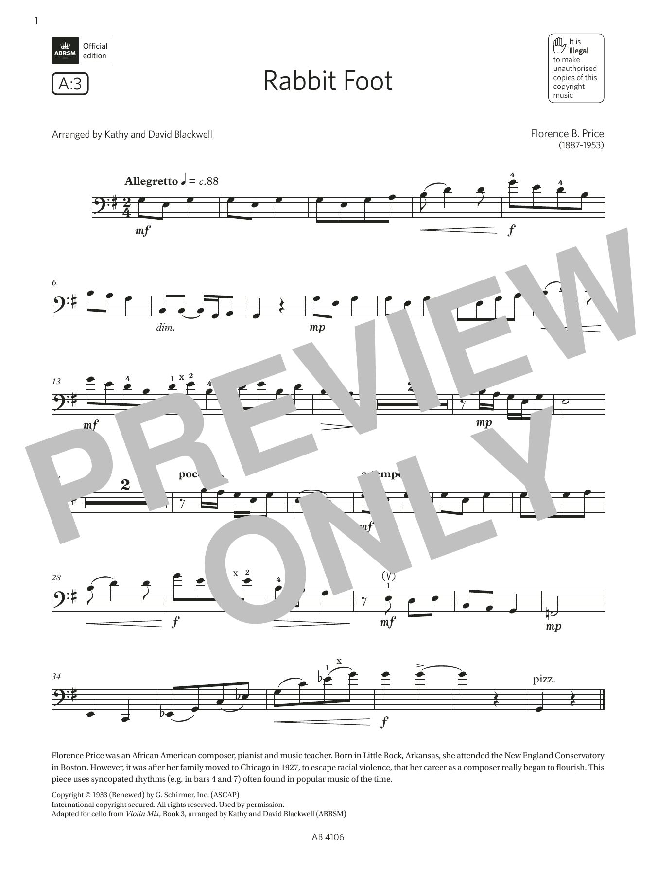 Produktbild zu:  Rabbit Foot (Grade 3, A3, from the ABRSM Cello Syllabus from 2024) - Florence B. Price
