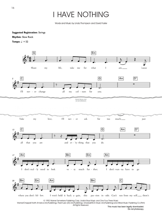 Produktgalerie: Seite 1 von 1 I Have Nothing, Whitney Houston, Gesang, Gitarre, Keyboard