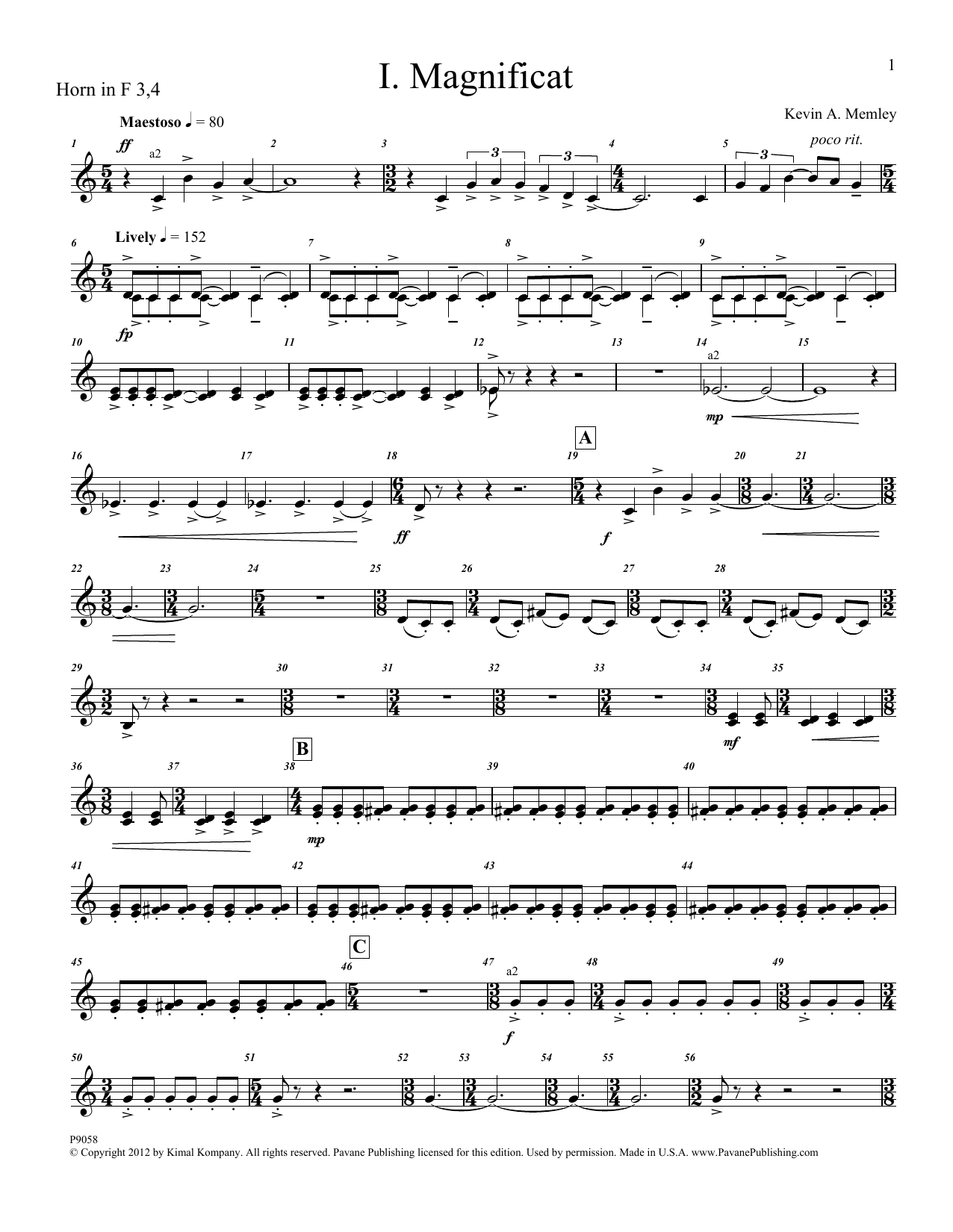 Produktgalerie: Seite 1 von 1 Magnificat (Brass and Percussion) (Parts) - F Horn 3, 4, Kevin Memley, Chor