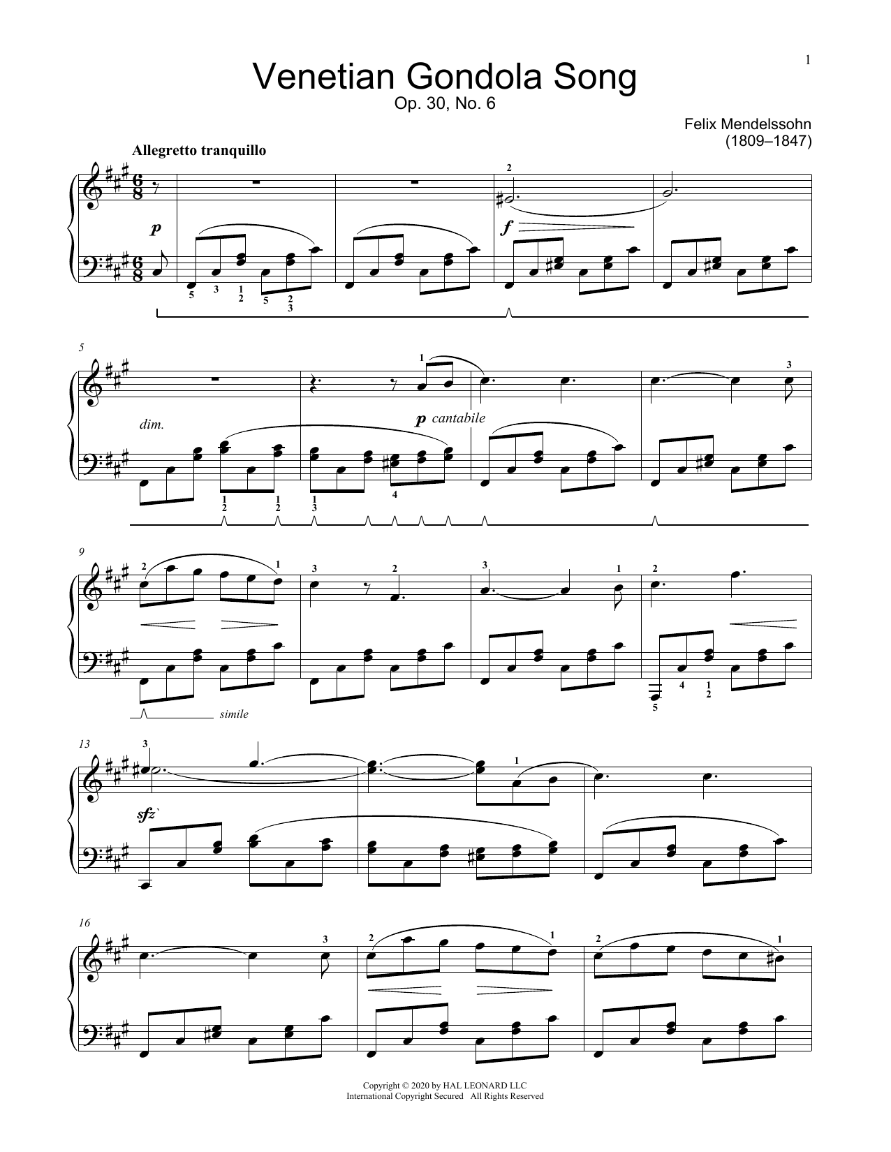Product picture to: Venetian Boat Song, Op. 30, No. 6