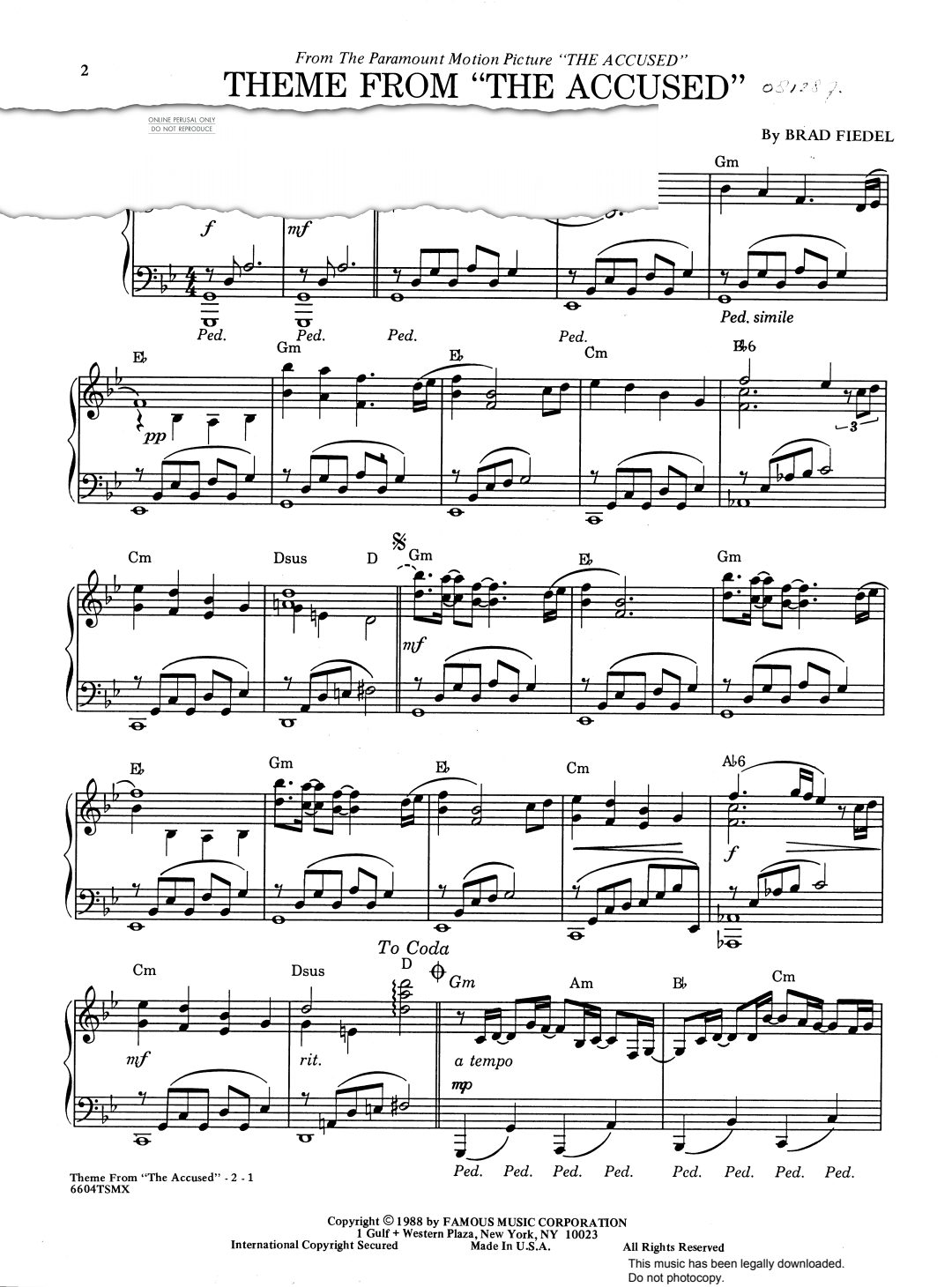 Produktgalerie: Seite 1 von 1 Theme From 'The Accused', Brad Fiedel, Gitarre, Klavier