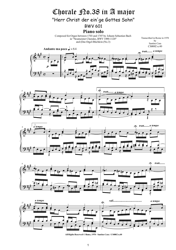 Produktbild zu: Choral No.38 in A-Dur (Herr Christ der ein'ge Gottes Sohn) BWV 601Johann Sebastian Bach