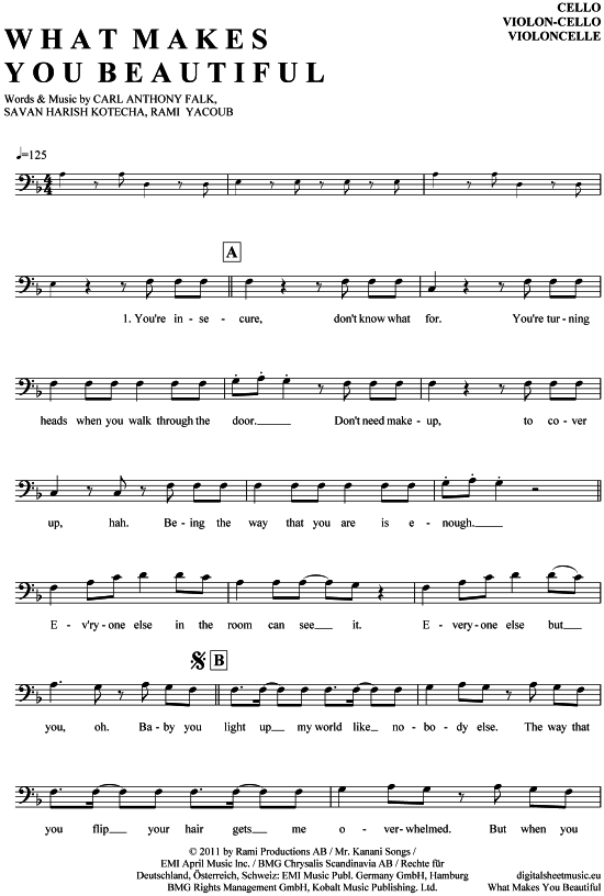 Produktgalerie: Seite 1 von 4 What makes you beautiful , One Direction, (Violon-Cello)