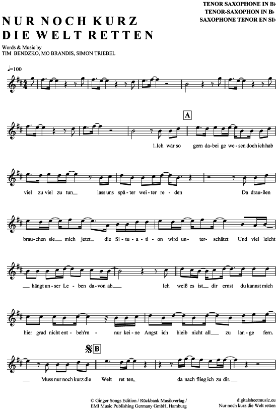 Product gallery: Page 1 of 4 Nur noch kurz die Welt retten , Bendzko, Tim, Tenor Saxophone