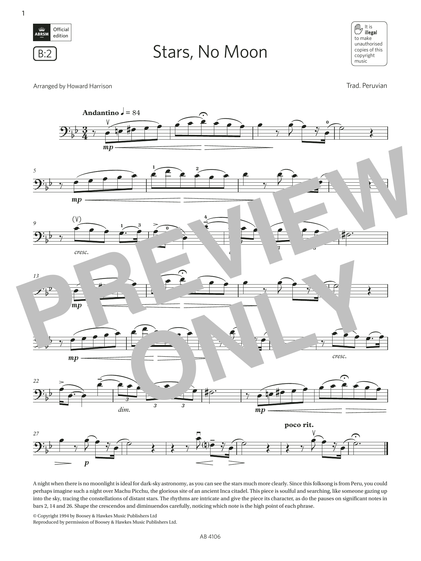 Produktbild zu:  Stars, No Moon (Grade 3, B2, from the ABRSM Cello Syllabus from 2024) - Trad. Peruvian