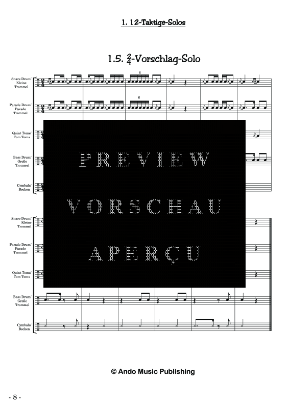 gallery: Solos für Marschtrommler - Band 2, , 40 Solo Stücke für erweiterte Marschbesetzung: Kleine Trommel, Parade Trommel, Große Trommel, Tom Toms und Becken