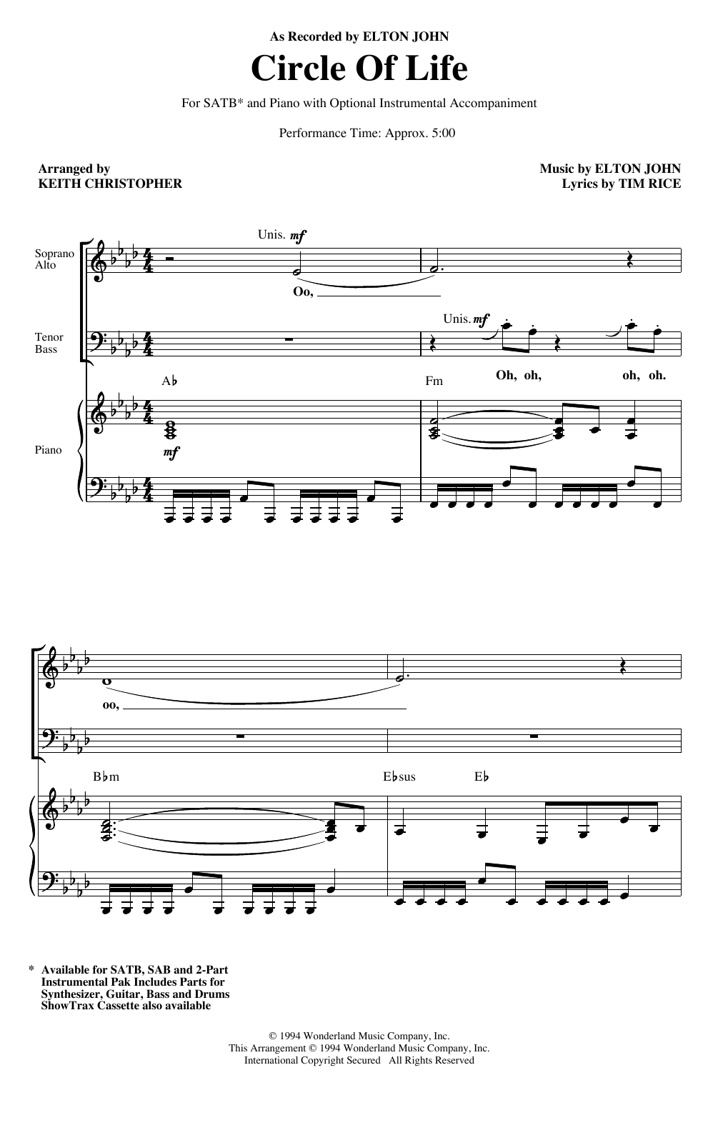 Product gallery: Page 1 of 1 Circle Of Life (from The Lion King) (arr. Keith Christopher), Elton John