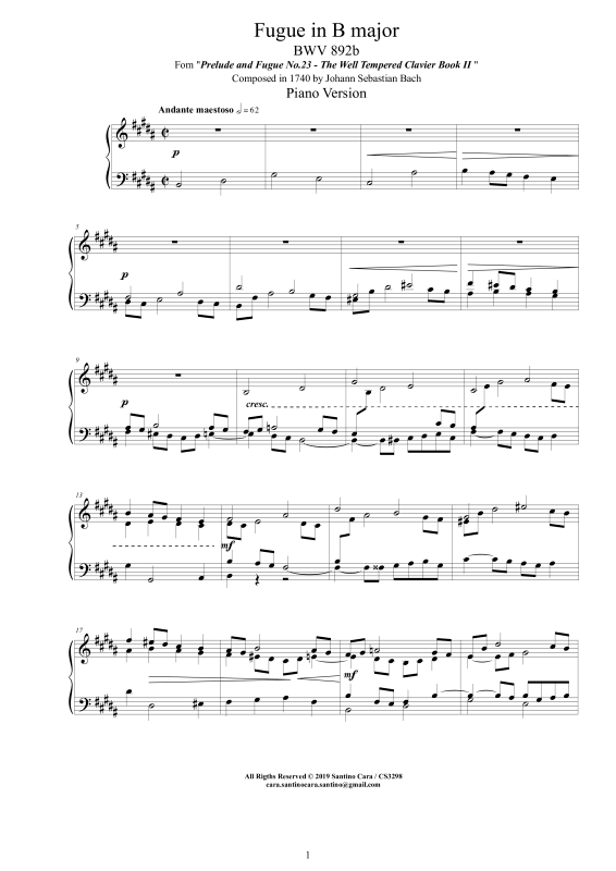Produktbild zu: Fuge in H-Dur BWV 892b - Piano VersionJohann Sebastian Bach