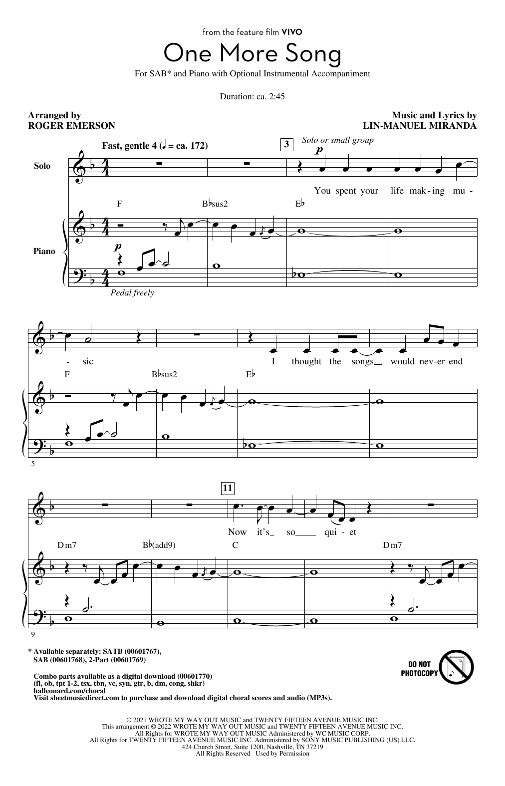 Product picture to: One More Song (from Vivo) (arr. Roger Emerson)