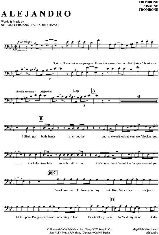 Product gallery: Page 1 of 4 Alejandro , Lady GaGa, (Posaune / Bariton)
