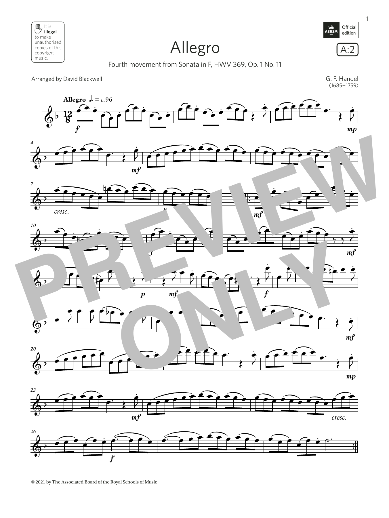 Product gallery: Page 1 of 1 Allegro (from Sonata in F, Op.1 No.11)  (Grade 4 A2 from the ABRSM Saxophone syllabus from 2022), George Frideric Handel