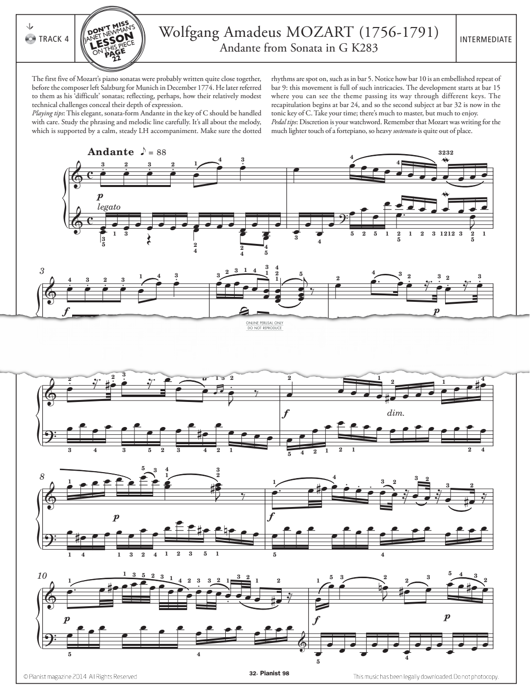 Product gallery: Page 1 of 1 Andante from 'Sonata in G K283', Wolfgang Amadeus Mozart