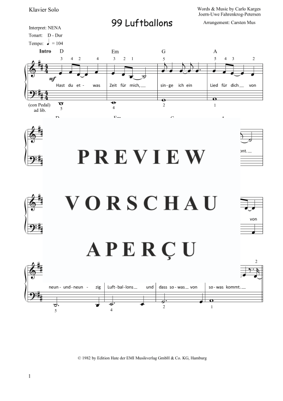 Produktgalerie: Seite 2 von 7 99 Luftballons Nena, , Klavier Solo