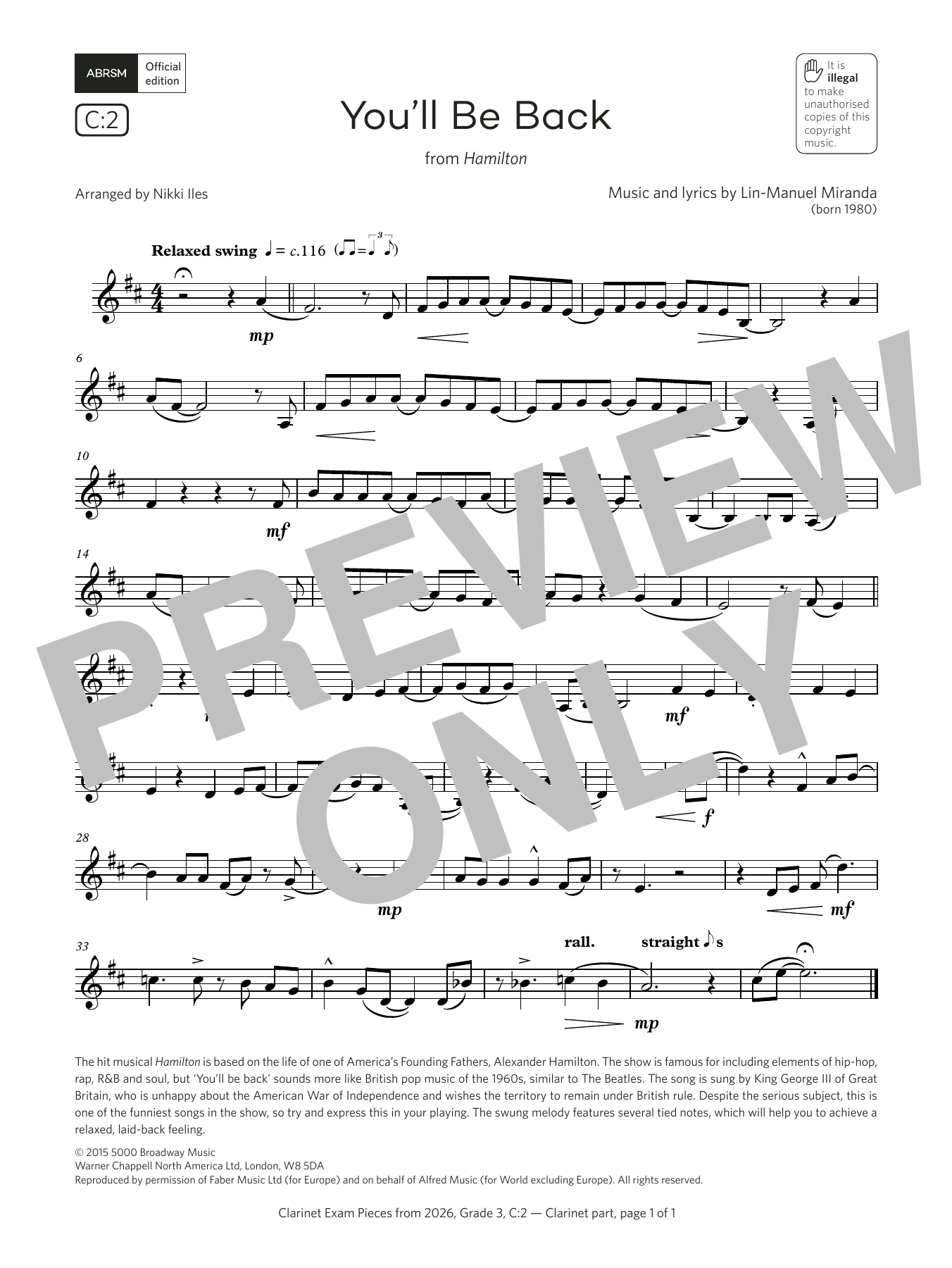 Product gallery: Page 1 of 1 You'll Be Back (Grade 3, list C2, from the ABRSM Clarinet Syllabus from 2026), Lin-Manuel Miranda