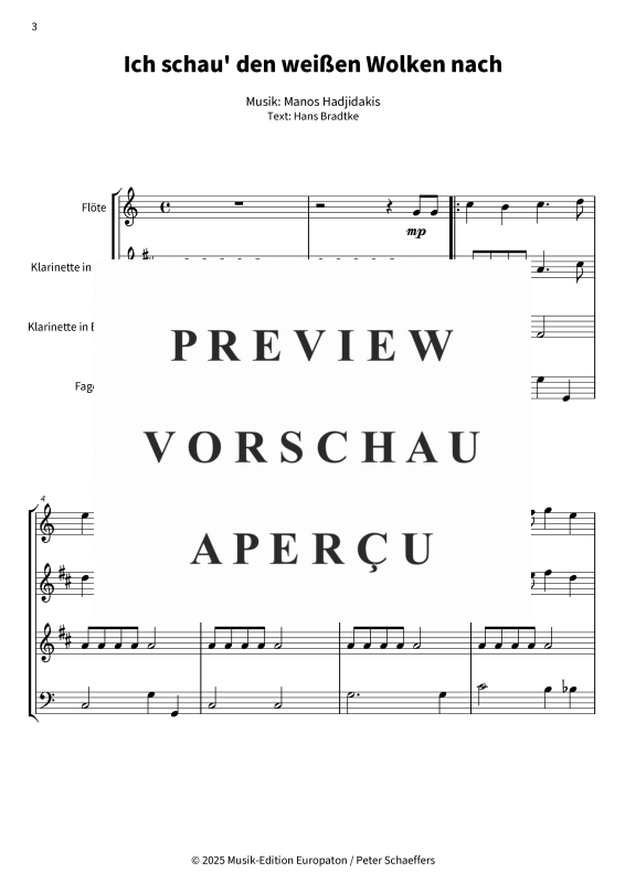 Product gallery: Page 5 of 11 Ich schau´ den weißen Wolken nach, Nana Mouskouri, (Woodwind Quartet)