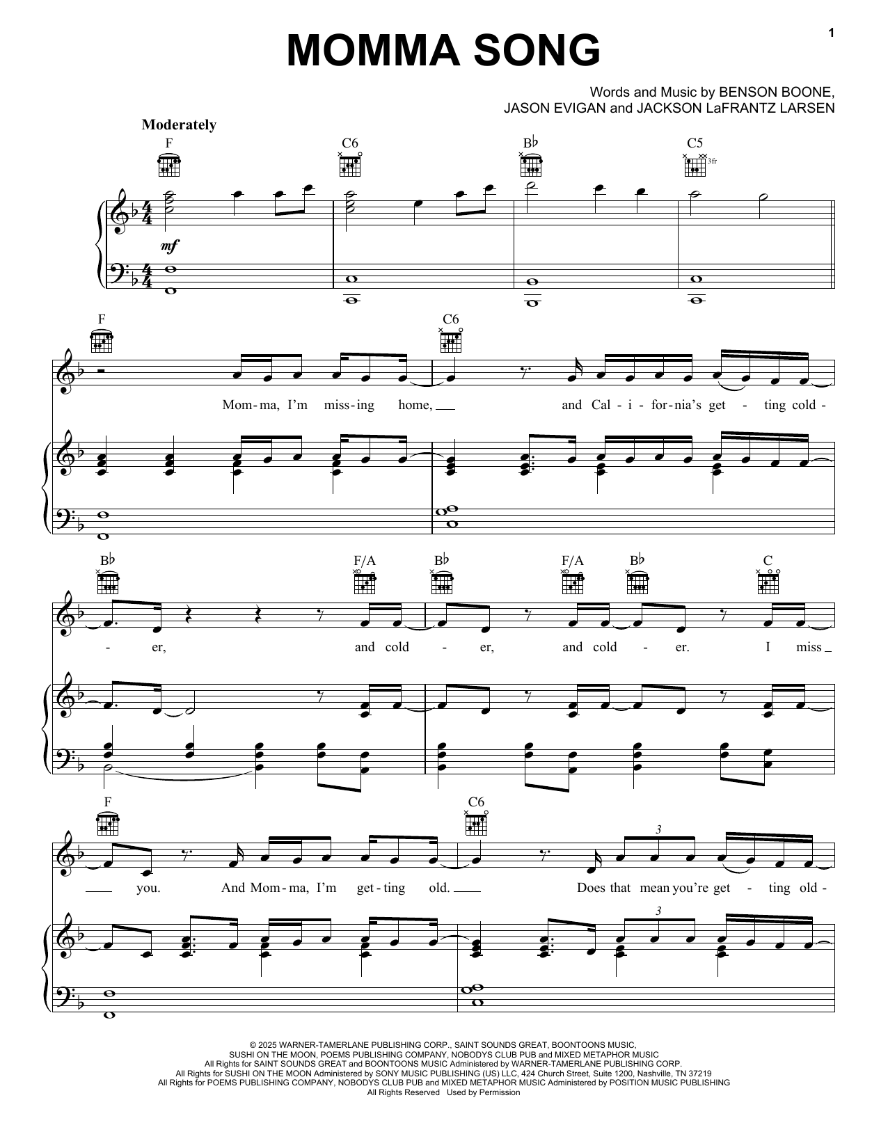 Produktgalerie: Seite 1 von 1 Momma Song, Benson Boone, Gesang, Gitarre, Klavier