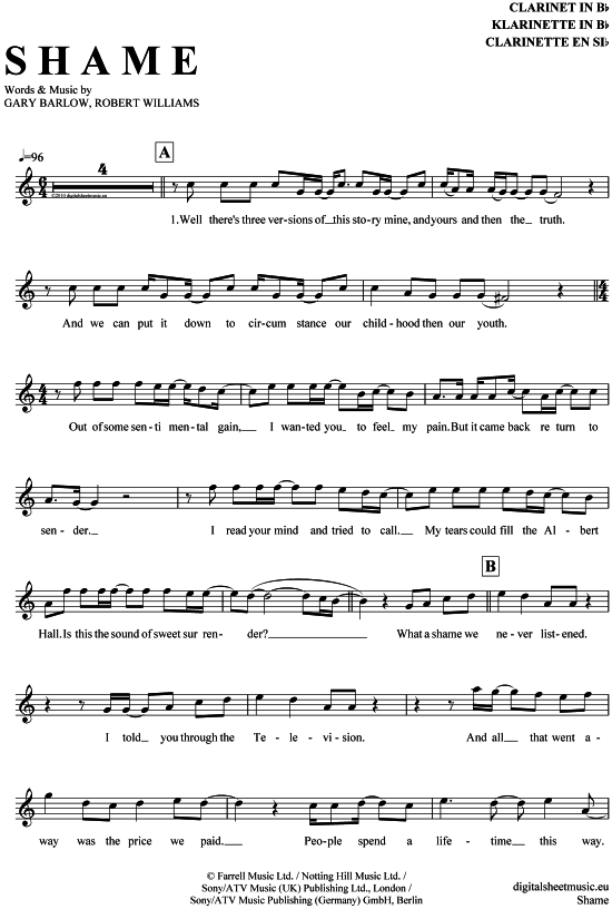 Product gallery: Page 1 of 4 Shame , Williams, Robbie/Barlow, Gary, Clarinet in B-flat