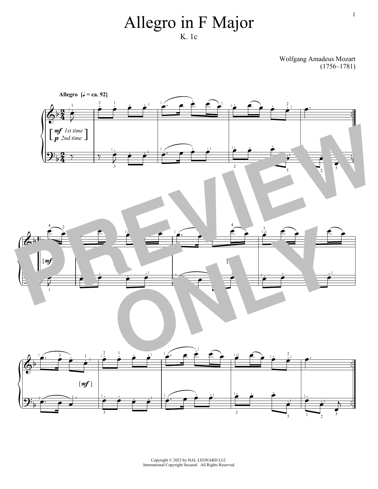 Product picture to: Allegro in F Major, K. 1c