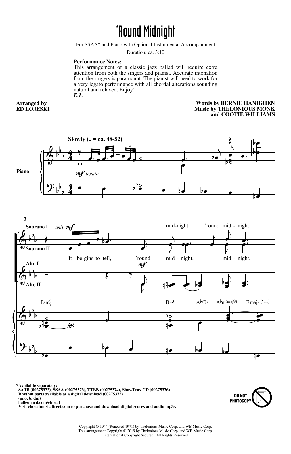 Produktgalerie: Seite 1 von 1 'Round Midnight (arr. Ed Lojeski), Thelonious Monk, Chor
