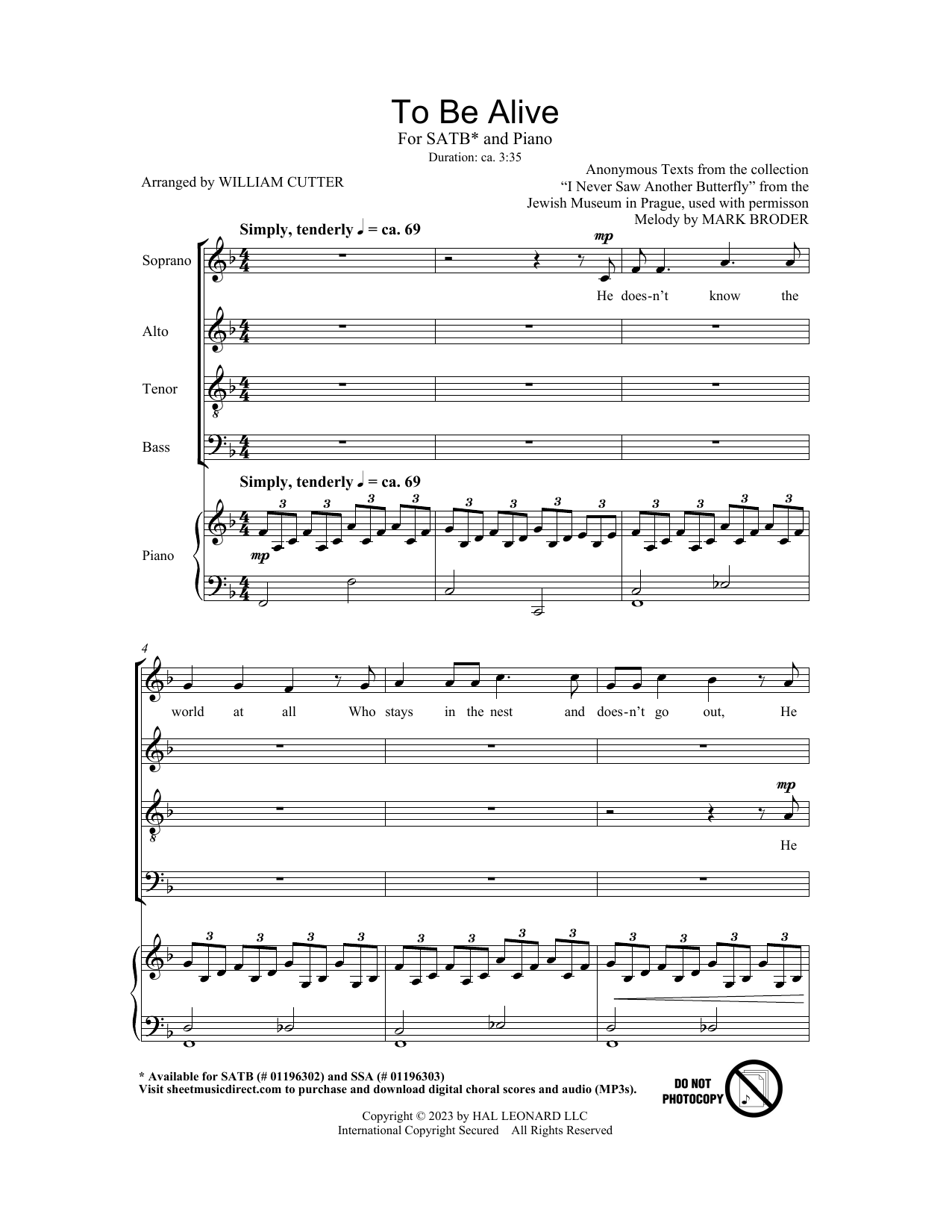 Product picture to: To Be Alive (Birdsong) (arr. Bill Cutler)