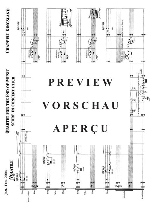 Produktgalerie: Seite 6 von 21 Quartet for the End of Music , , (Gemischtes Ensemble für Bass Klarinette, Violoncello, Tuba + Percussion)