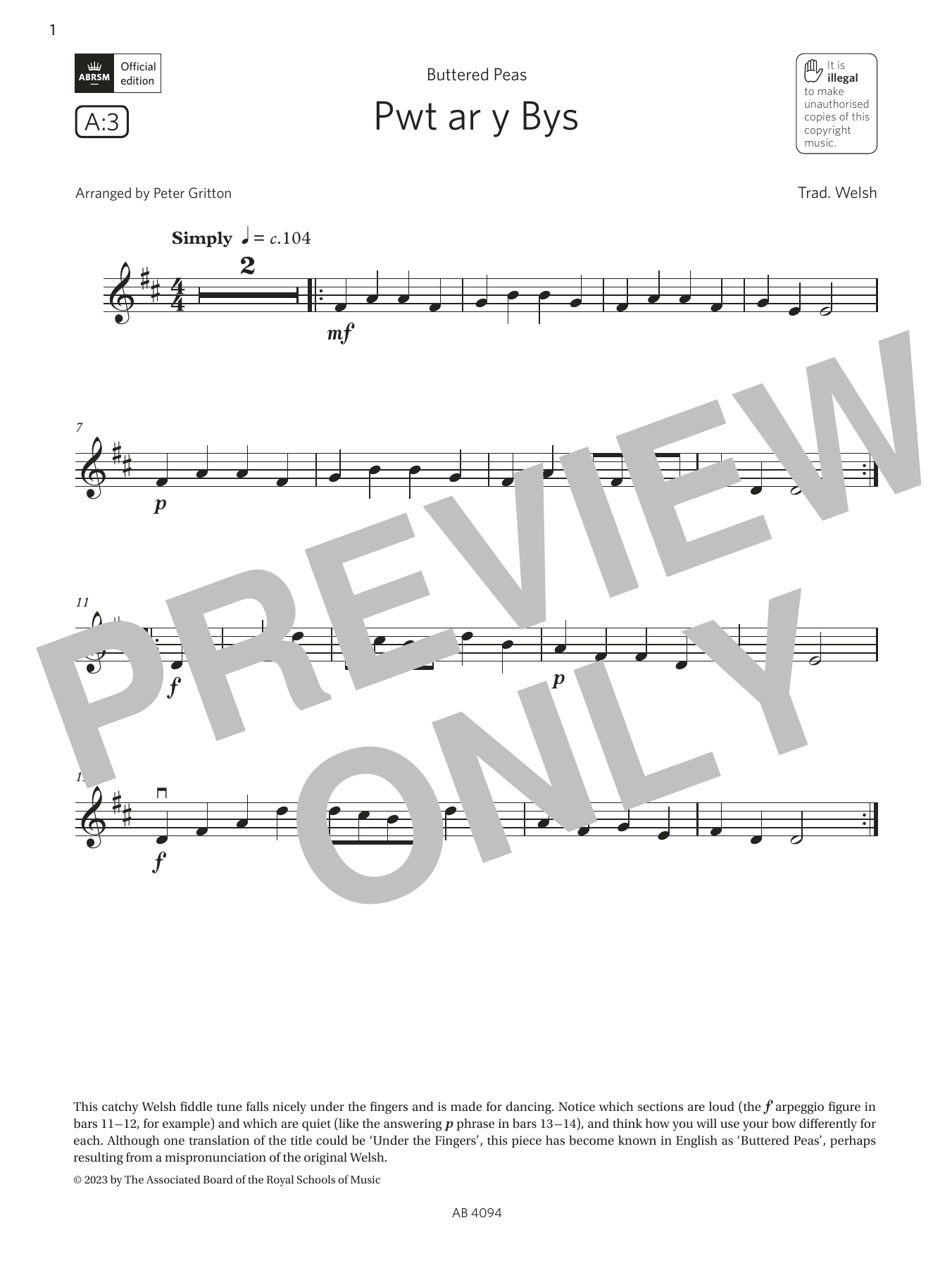Product gallery: Page 1 of 1 Pwt ar y Bys (Grade Initial, A3, from the ABRSM Violin Syllabus from 2024), Trad. Welsh