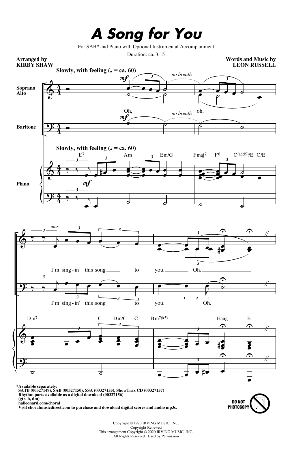 Product picture to: A Song For You (arr. Kirby Shaw)