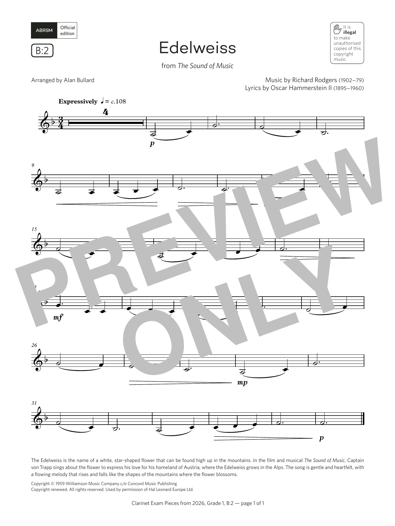 Product gallery: Page 1 of 1 Edelweiss (Grade 1, list B2, from the ABRSM Clarinet Syllabus from 2026), Rodgers & Hammerstein
