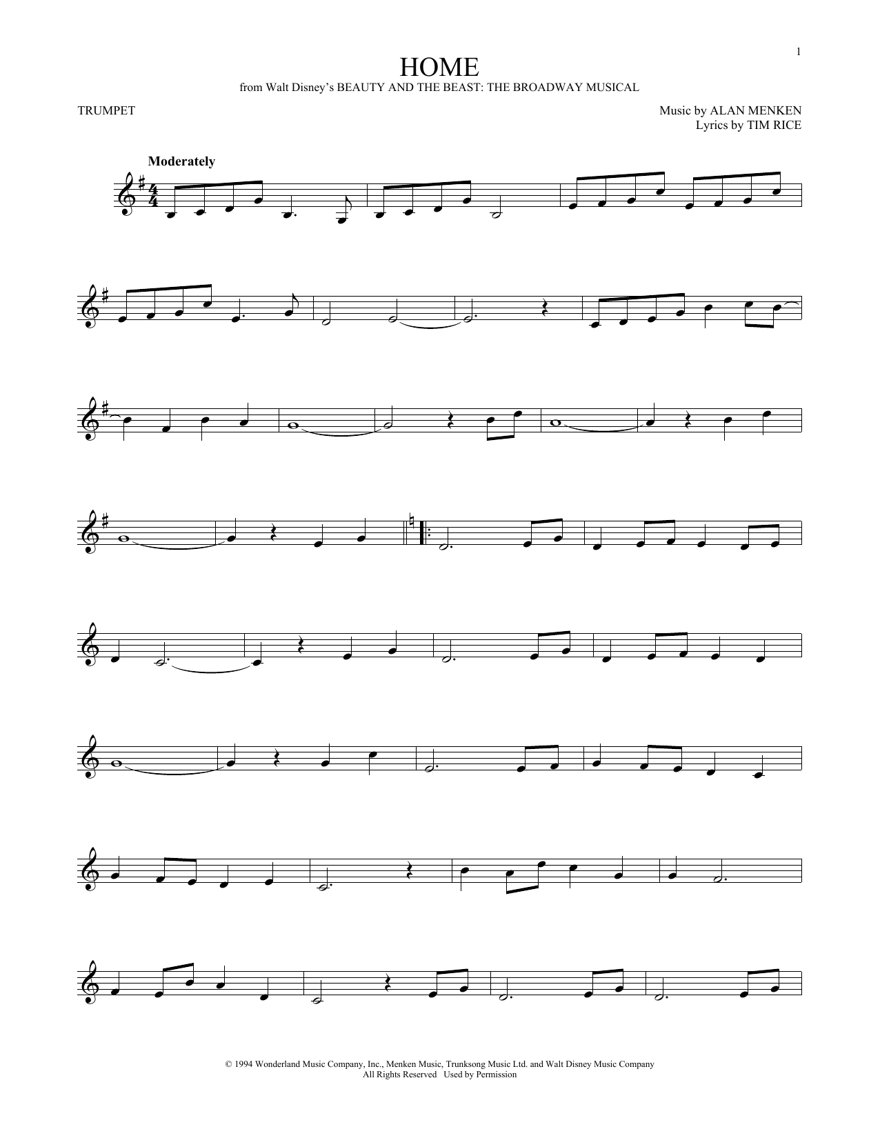 Produktgalerie: Seite 1 von 1 Home (from Beauty and the Beast: The Broadway Musical), Alan Menken, Trompete