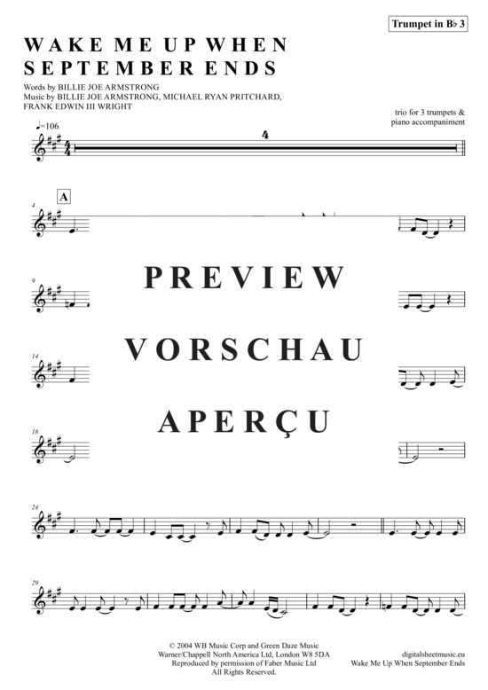 Produktgalerie: Seite 15 von 21 Wake Me Up When September Ends , Green Day, (Trompeten Trio + Klavier)