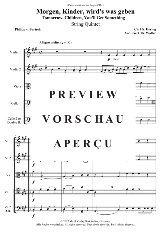 Produktgalerie: Seite 2 von 3 Morgen, Kinder, wird´s was geben , , (Streicherquintett)