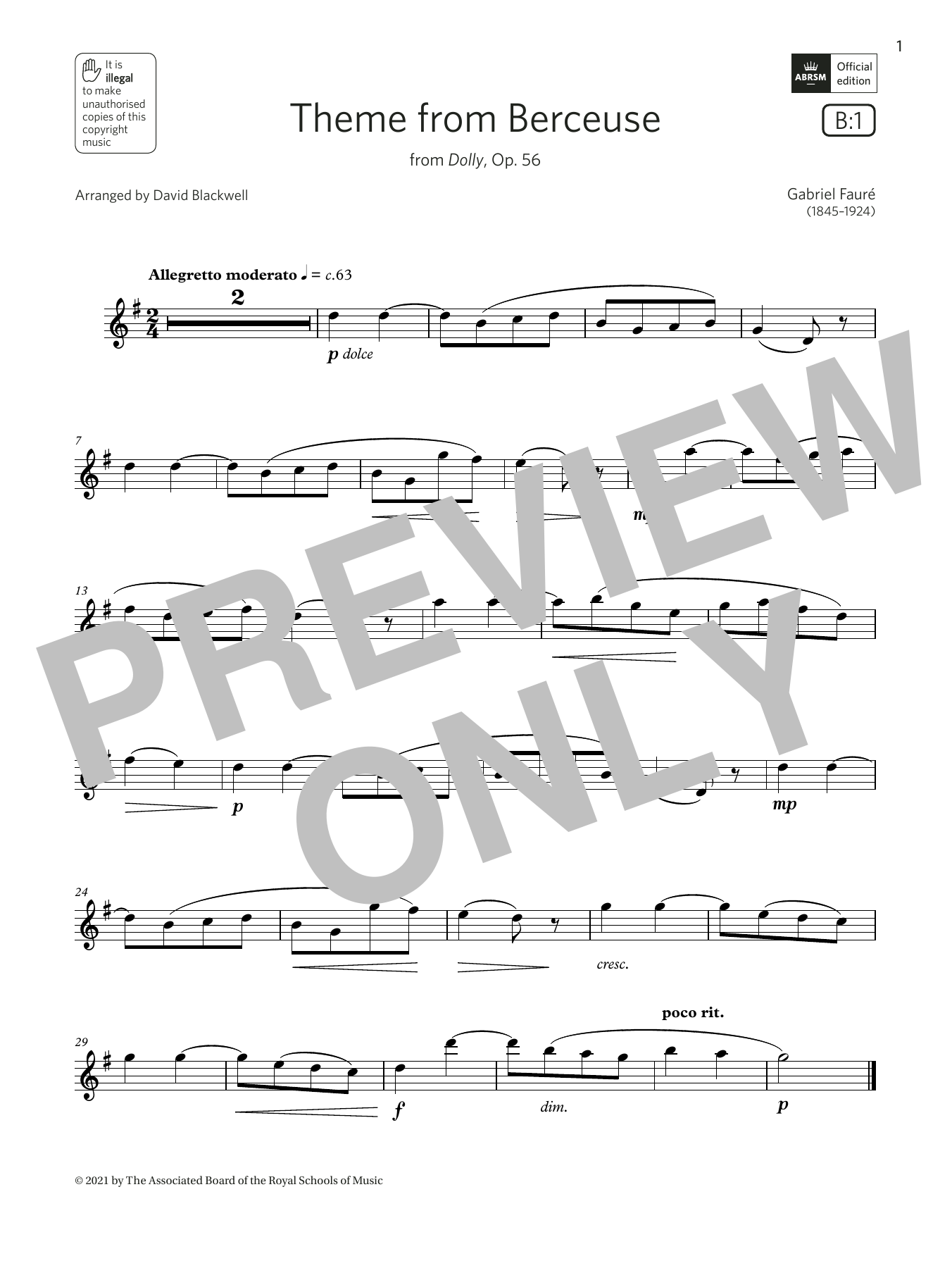 Product gallery: Page 1 of 1 Theme from Berceuse (from Dolly, Op. 56)  (Grade 2 List B1 from the ABRSM Flute syllabus from 2022), Gabriel Faure