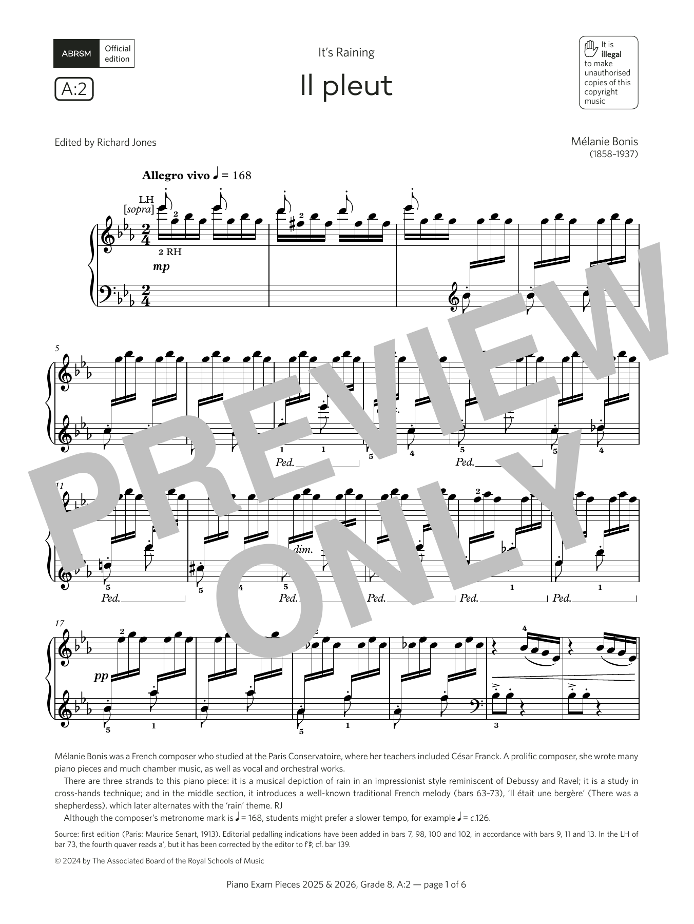 Produktbild zu:  Il pleut (Grade 8, list A2, from the ABRSM Piano Syllabus 2025 & 2026) - Mélanie Bonis
