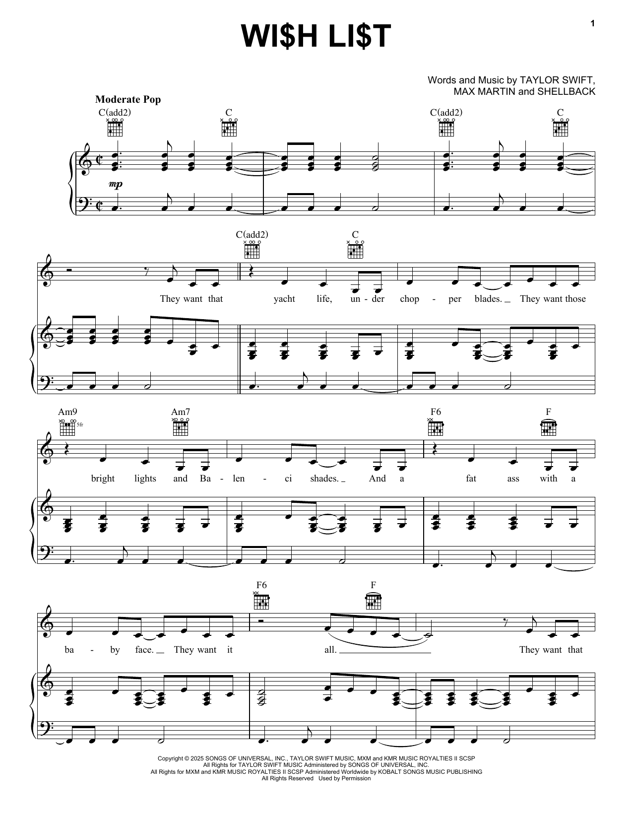 Produktgalerie: Seite 1 von 1 Wi$h Li$t, Taylor Swift, Gesang, Gitarre, Klavier