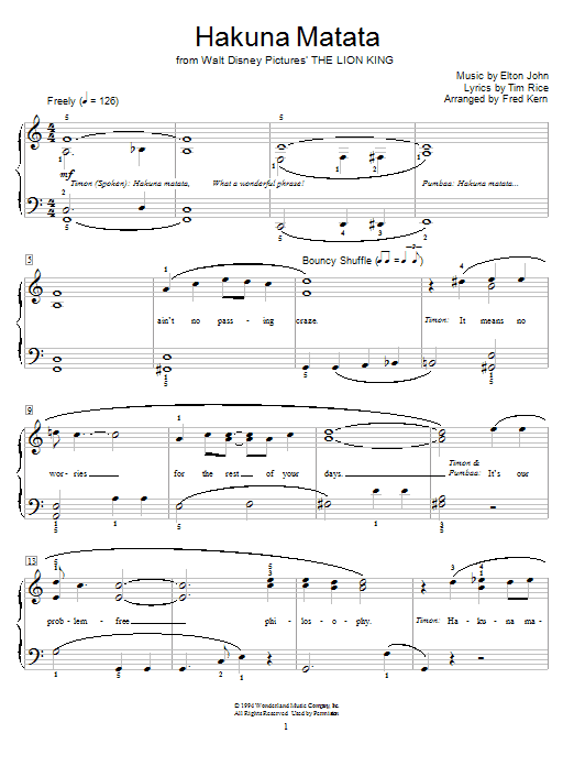 Product gallery: Page 1 of 1 Hakuna Matata (from The Lion King) (arr. Fred Kern), Elton John