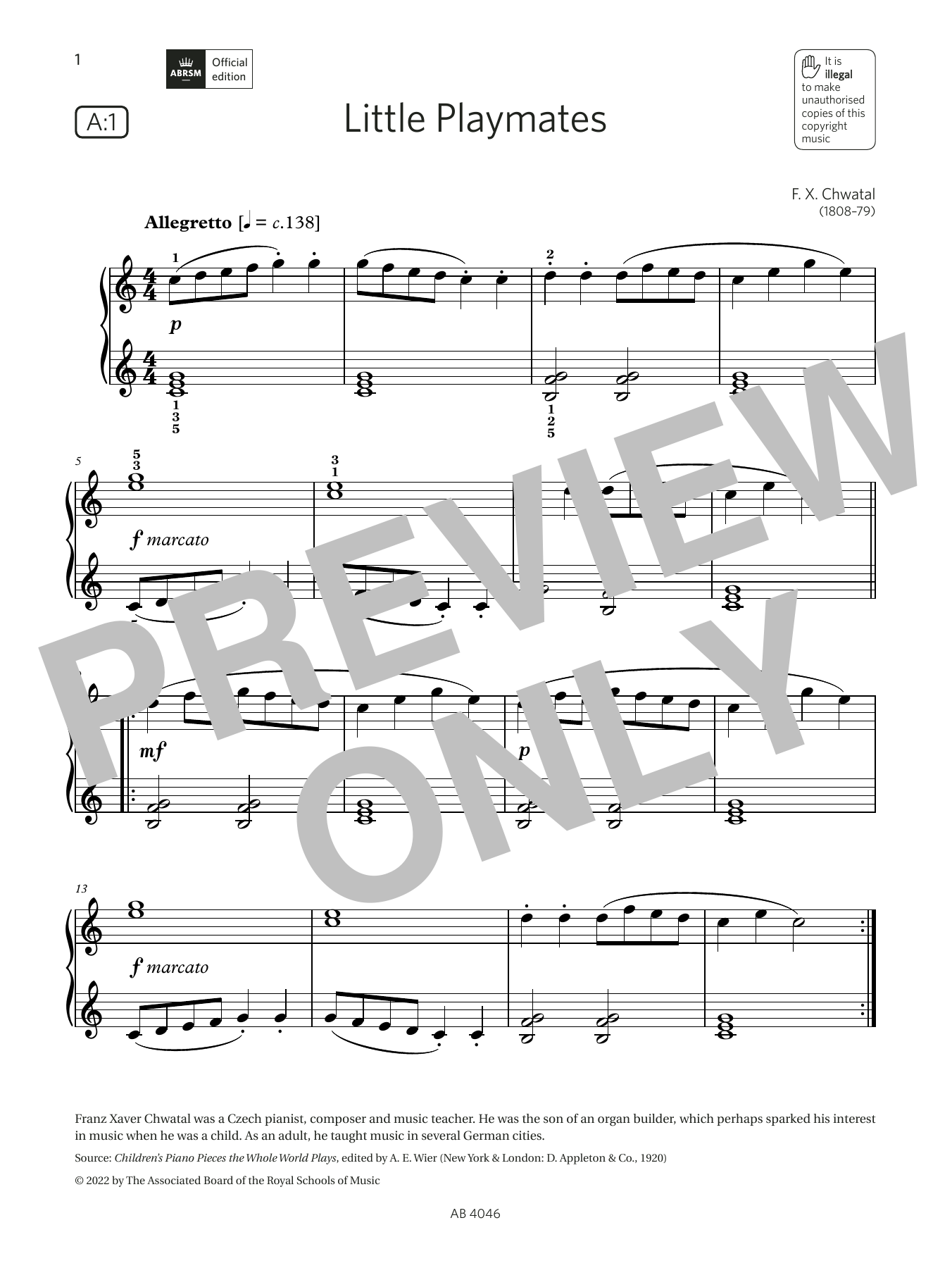 Product gallery: Page 1 of 1 Little Playmates (Grade Initial, list A1, from the ABRSM Piano Syllabus 2023 & 2024), F X Chwatal