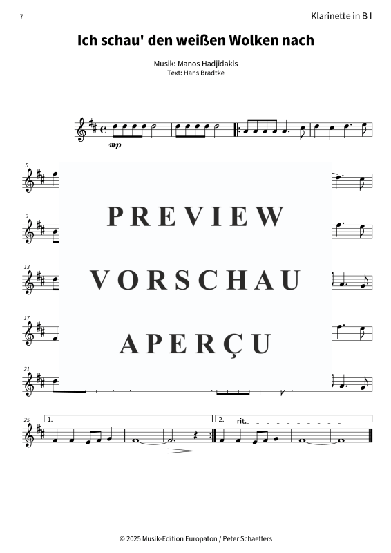 Product gallery: Page 9 of 11 Ich schau´ den weißen Wolken nach, Nana Mouskouri, (Woodwind Quartet)