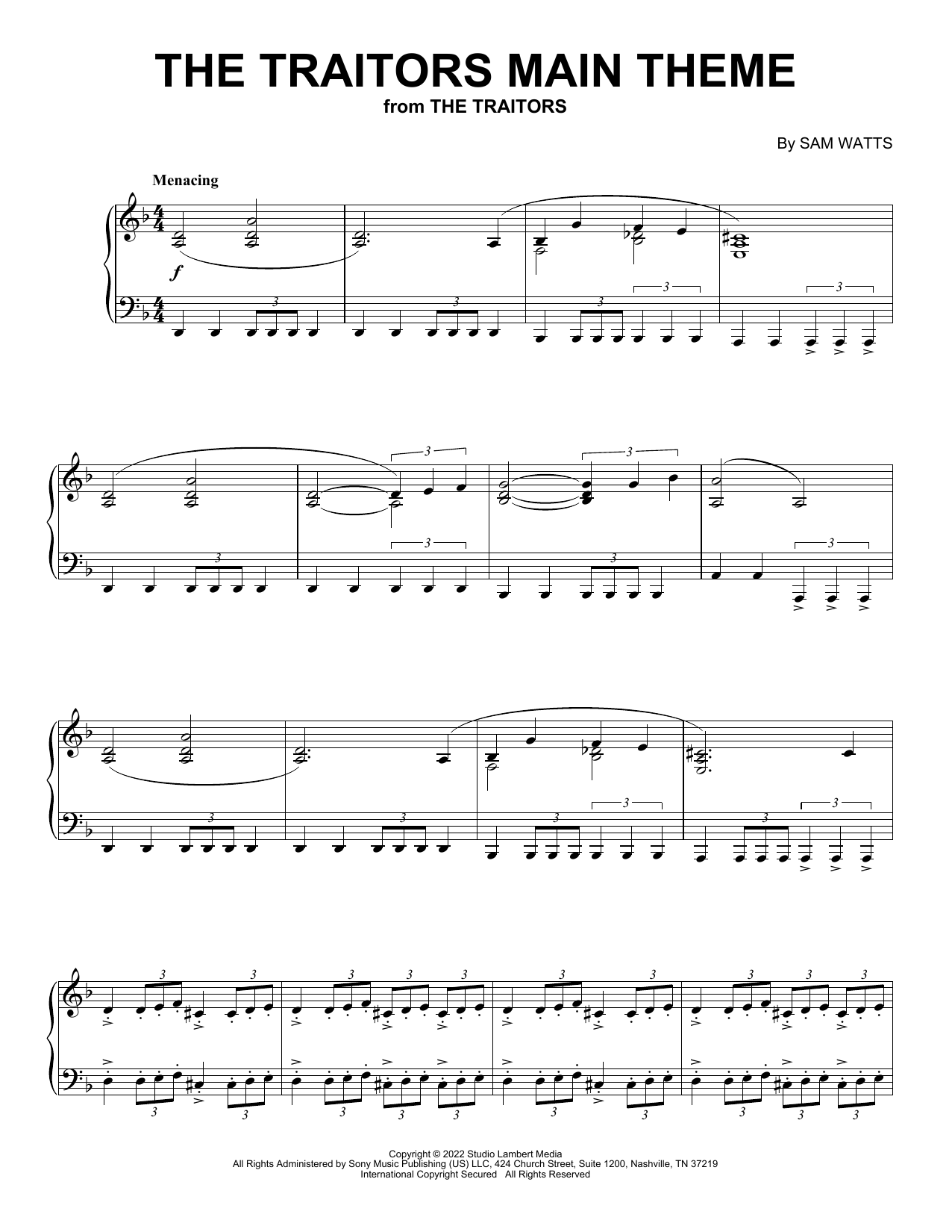 The Traitors Main Theme - sheet music by Sam Watts - smd-1467016