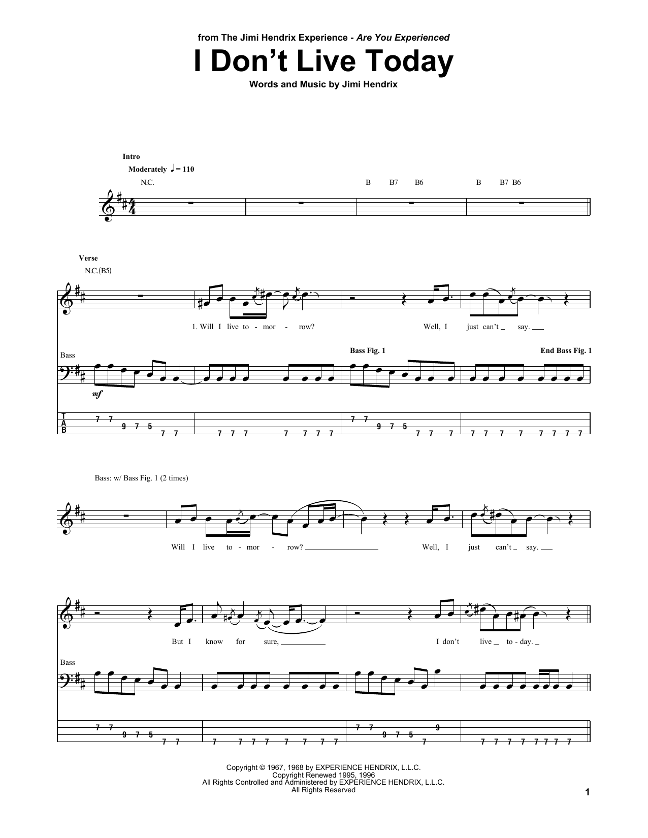 Produktgalerie: Seite 1 von 1 I Don't Live Today, Jimi Hendrix, E-Bass