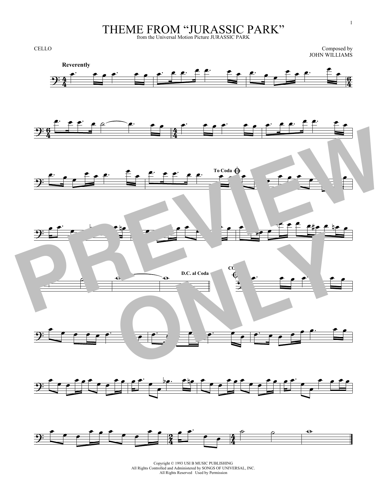 Produktgalerie: Seite 1 von 1 Theme From Jurassic Park, John Williams, Violoncello