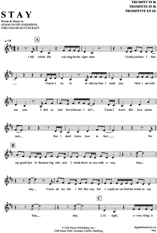 Produktgalerie: Seite 1 von 4 Stay , Hurts, Trompete in B