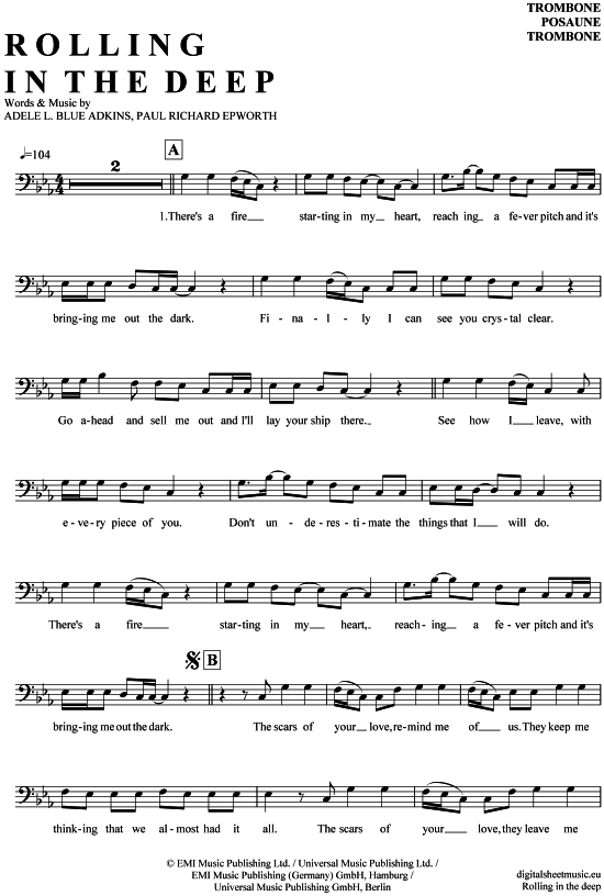 Product gallery: Page 1 of 4 Rolling in the deep , Adele, (Posaune / Bariton)