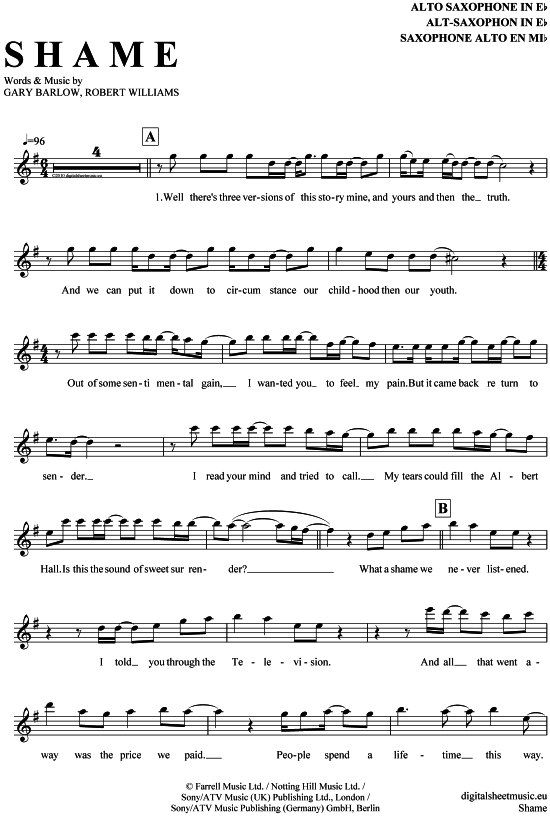 Product gallery: Page 1 of 4 Shame , Williams, Robbie/Barlow, Gary, Alto Saxophone