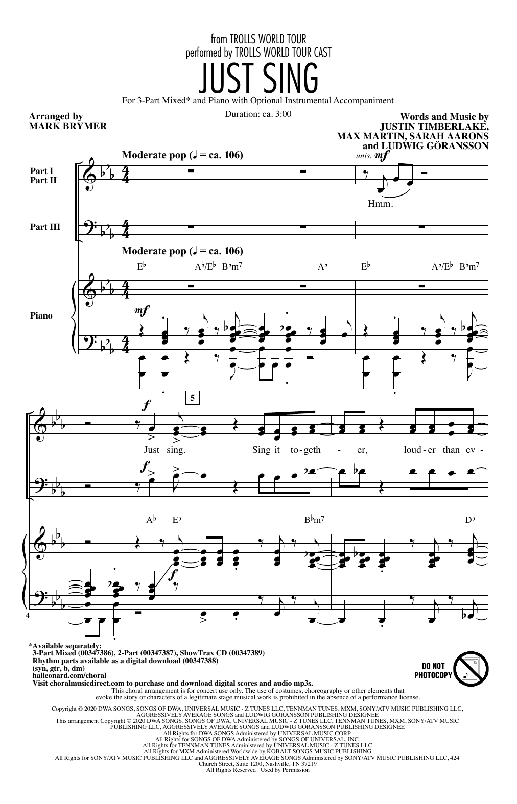 Product gallery: Page 1 of 1 Just Sing (from Trolls World Tour) (arr. Mark Brymer), Trolls World Tour Cast