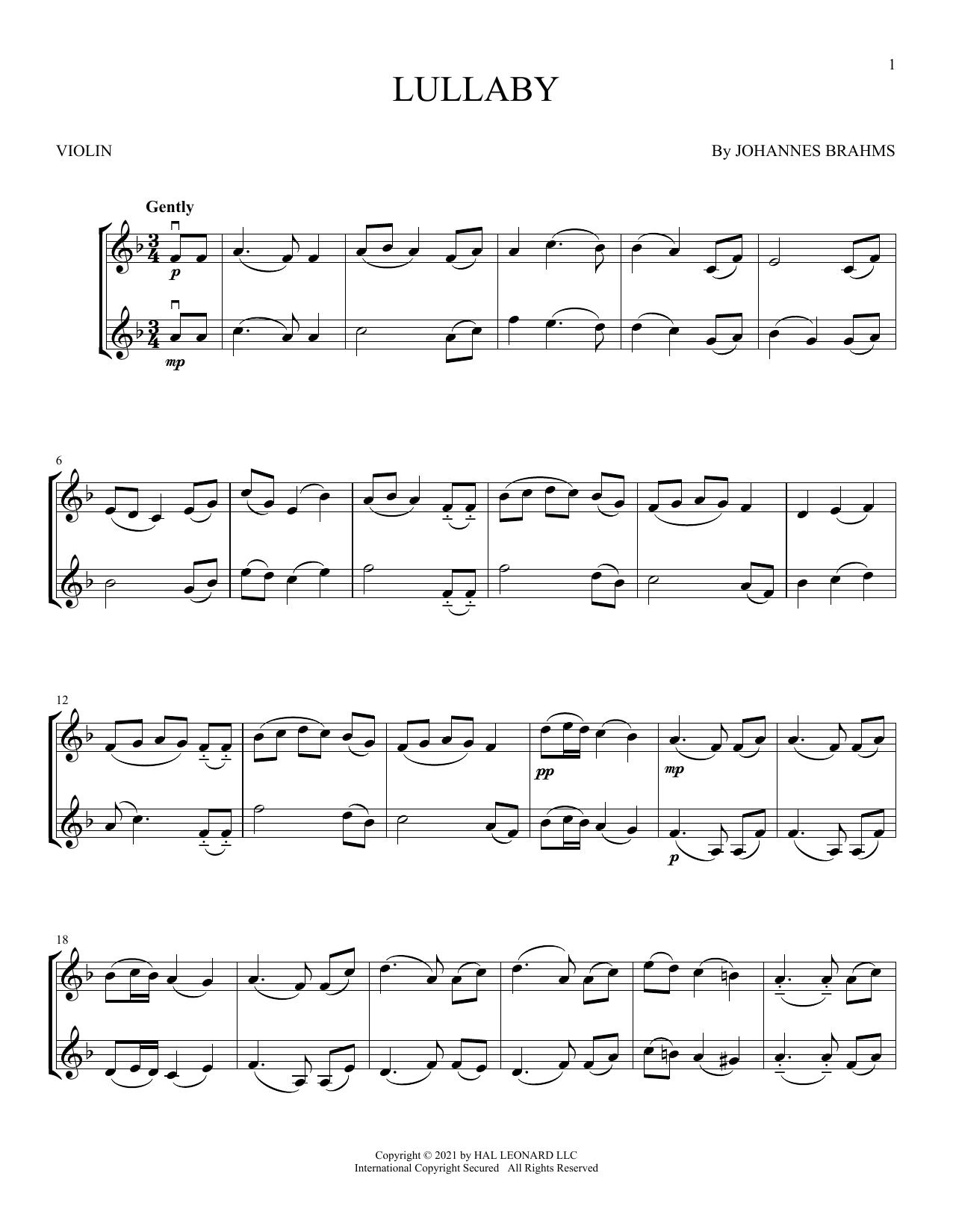 Produktgalerie: Seite 1 von 1 Lullaby (Cradle Song), Johannes Brahms, Violine