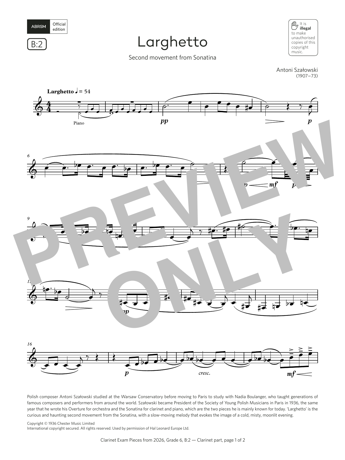 Product gallery: Page 1 of 1 Larghetto (Grade 6, list B2, from the ABRSM Clarinet Syllabus from 2026), Antoni Szalowski