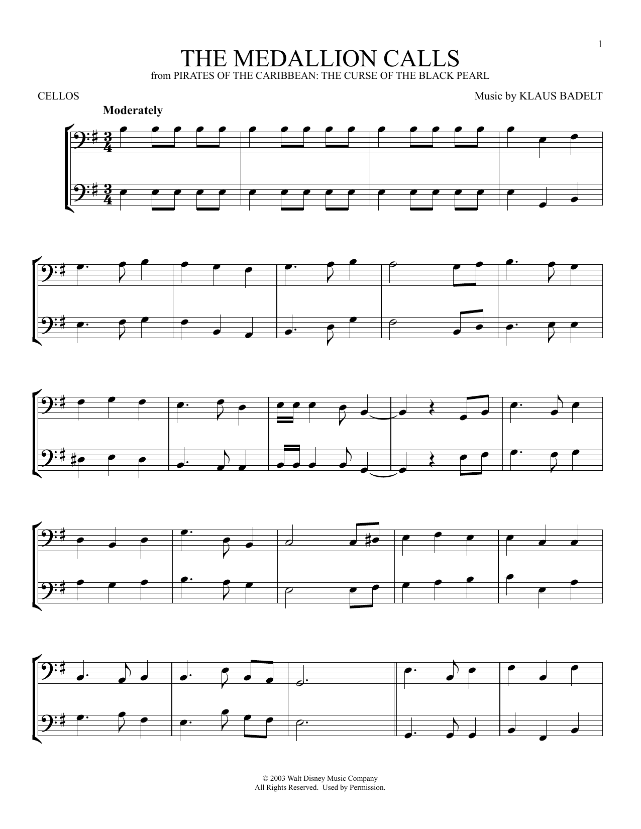 Produktgalerie: Seite 1 von 1 The Medallion Calls (from Pirates Of The Caribbean: The Curse Of The Black Pearl), Klaus Badelt, Violoncello