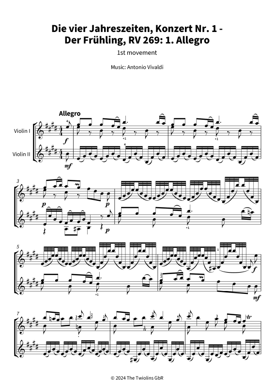 Produktgalerie: Seite 1 von 9 Die vier Jahreszeiten, Konzert Nr. 1 - Der Frühling - 1. Allegro, The Twiolins, (Duett 2x Violine)