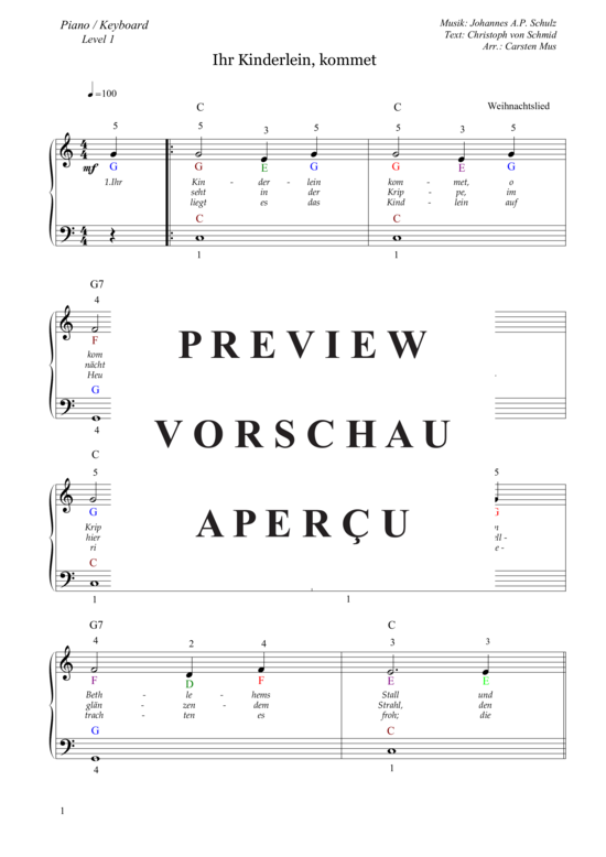 gallery: Ihr Kinderlein, kommet (Piano / Keyboard) , ,  (3 Strophen mit Notennamen und Fingersatz Level 1)